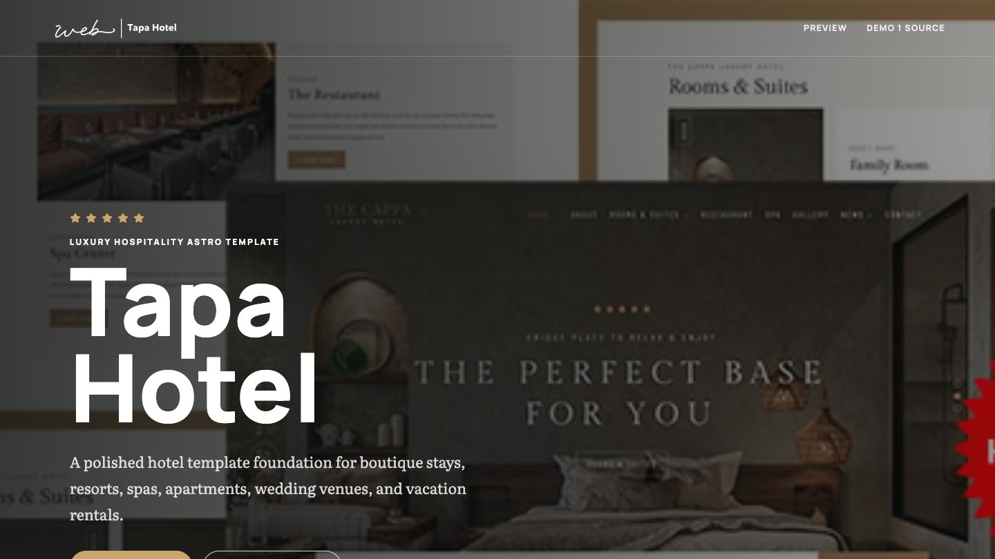 Tapa Hotel — A repo-backed hospitality template with five demo families and production-ready Astro routes under active QA.