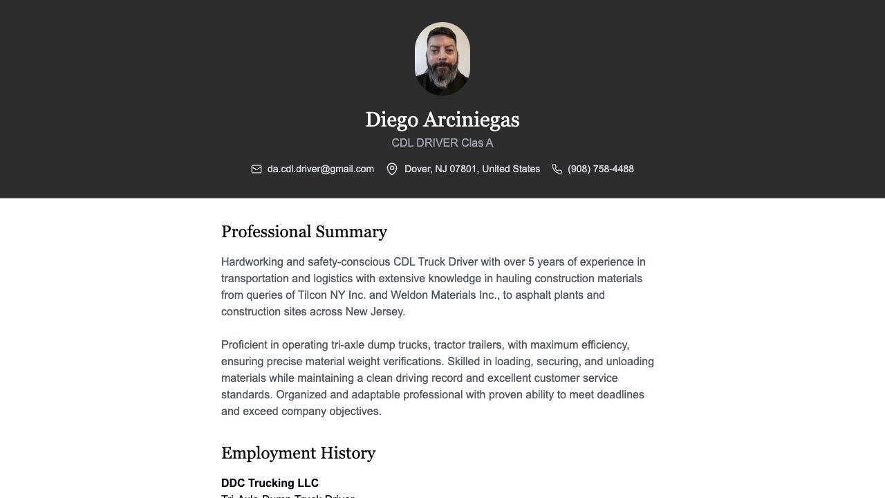 CDL Driver Resume website preview