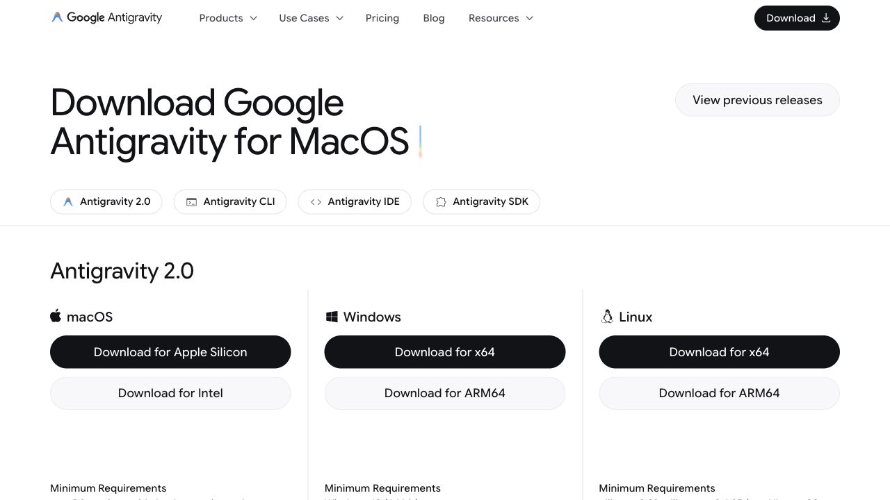 Google Antigravity download page screenshot