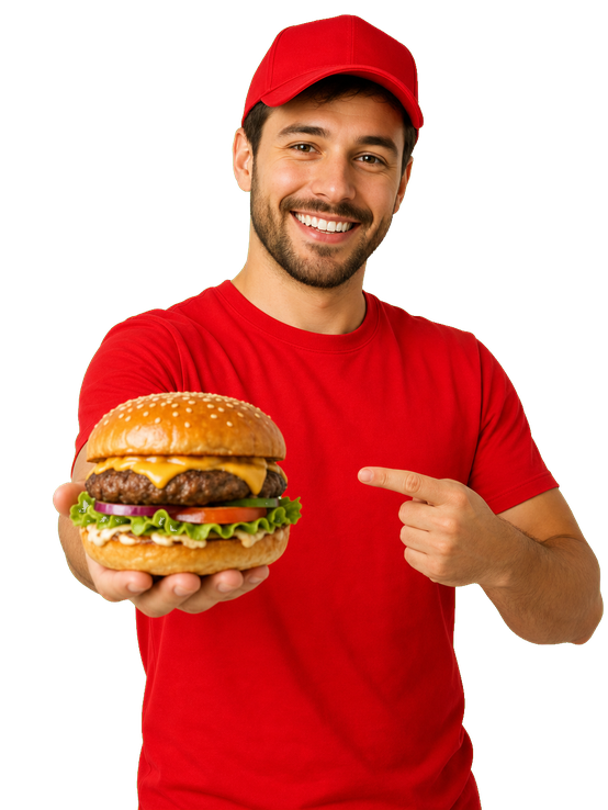 Mr Burger team member presenting a cheeseburger